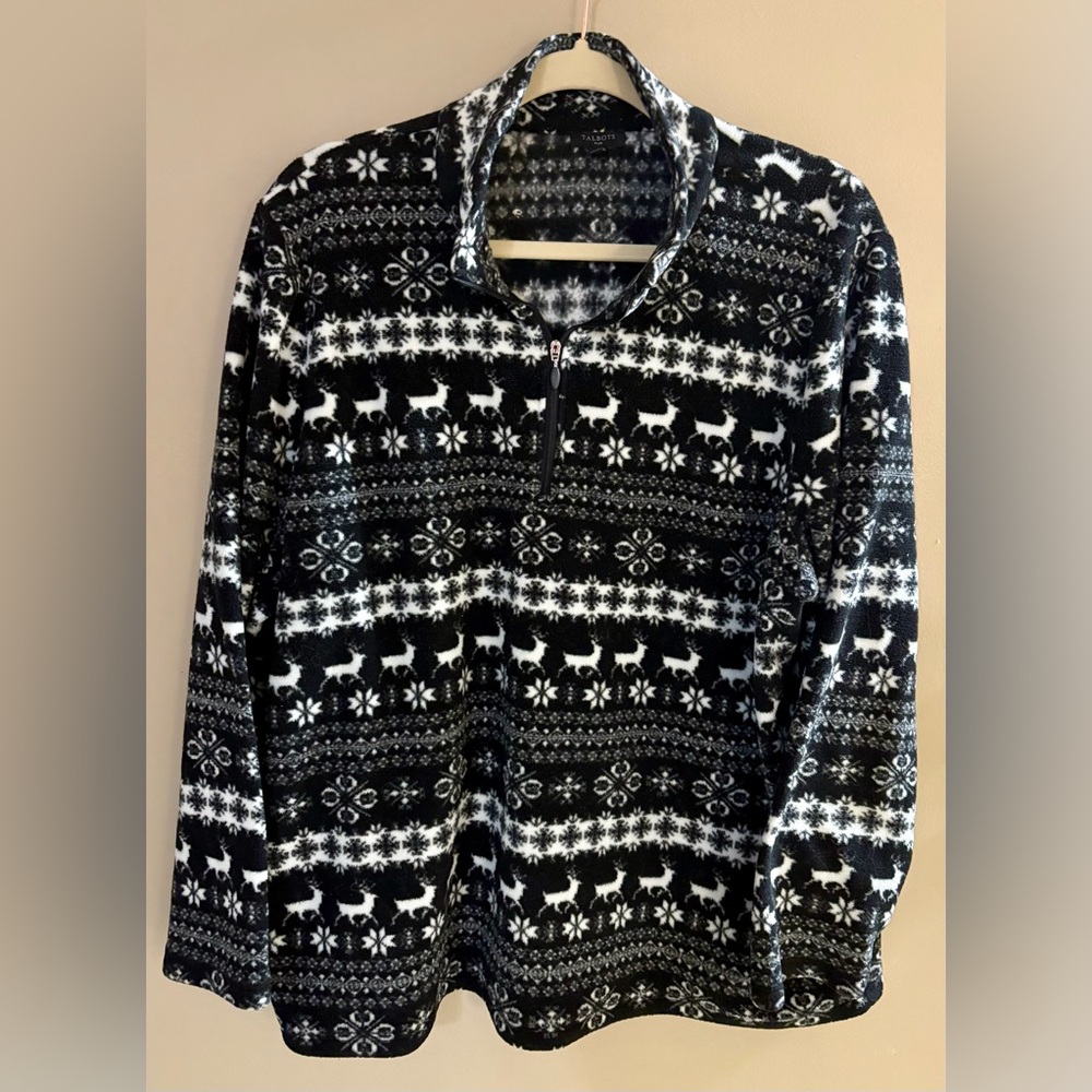 Talbots 2X Black and White Alpine Print, Fleece, Half-Zip Pullover